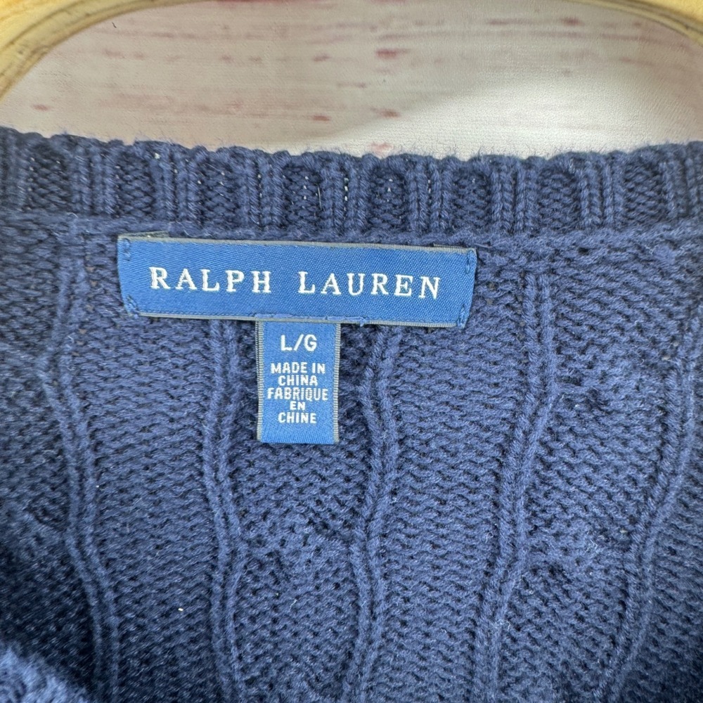 Ralph Lauren Sweater Womens Large Navy Blue Cable Knit V-Neck Casual Preppy - Picture 8 of 11